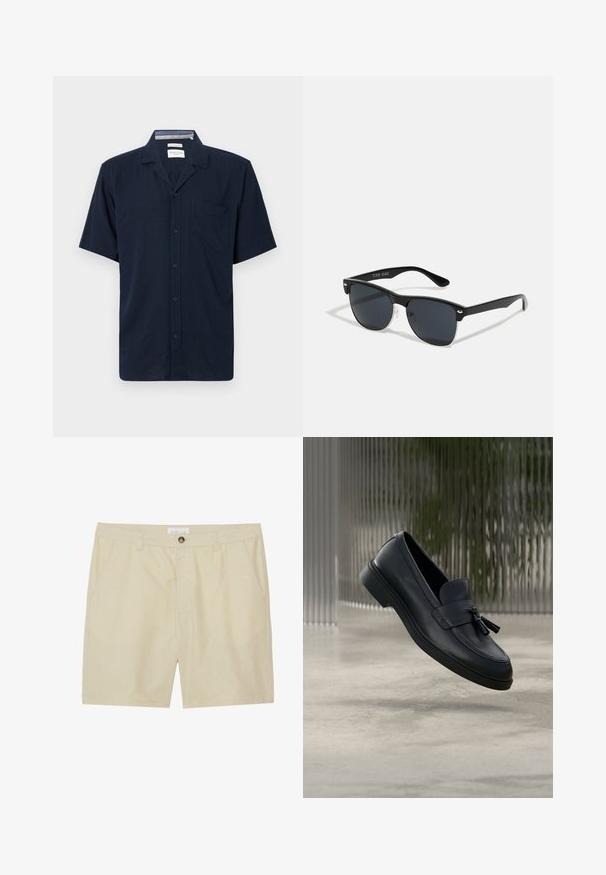 Camisa azul marino de manga corta con botones, cuello y un bolsillo único en el pecho, mostrada sobre un fondo liso.; Shorts beige hechos de una tela ligera, con un diseño frontal plano, bolsillos laterales y un cierre de botón en la cintura.; Mocasines de cuero negro con textura suave, punta redondeada y borlas decorativas en el frente. Suela de goma flexible con tacón bajo.; Gafas de sol negras con forma rectangular, lentes oscuros, detalles plateados en las patillas y un acabado mate en la montura.