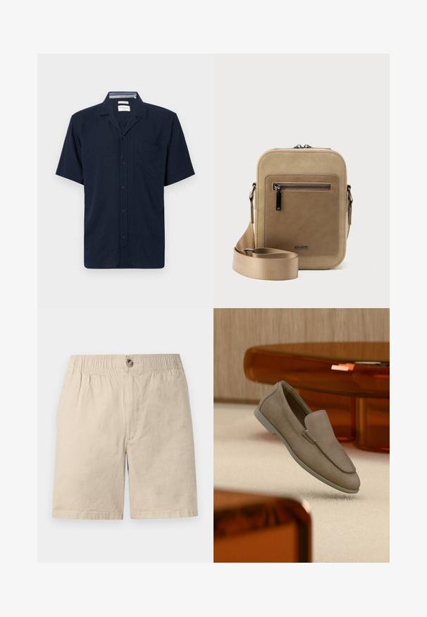 Navyblå kortærmet skjorte med krave og en enkelt brystlomme, vist mod en ensfarvet baggrund.; Beige bomuldsshorts med elastisk talje, knaplukning og forreste syningsdetalje mod hvid baggrund.; Beige ruskind slip-on loafer med synlige syninger og lys sål, placeret over cremefarvet tæppe med orange gennemsigtigt møbel i baggrunden.; Lille beige crossbody-taske med lynlåslomme foran, metal ALDO-logo, justerbar bred rem og rundet rektangulær form på hvid baggrund.