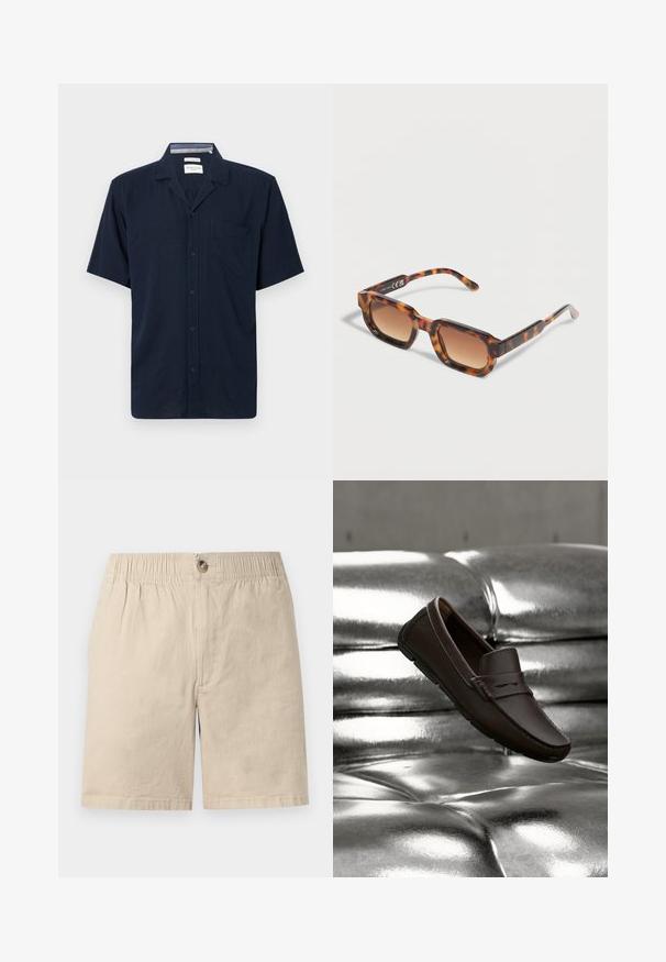 Navyblå kortærmet skjorte med krave og en enkelt brystlomme, vist mod en ensfarvet baggrund.; Beige bomuldsshorts med elastisk talje, knaplukning og forreste syningsdetalje mod hvid baggrund.; Mørkebrun læderloafer, der hviler på en skinnende sølv tuftet pude.; Rektangulære solbriller med skildpadde-mønster og gradientbrune linser, hvilende på en lys overflade.