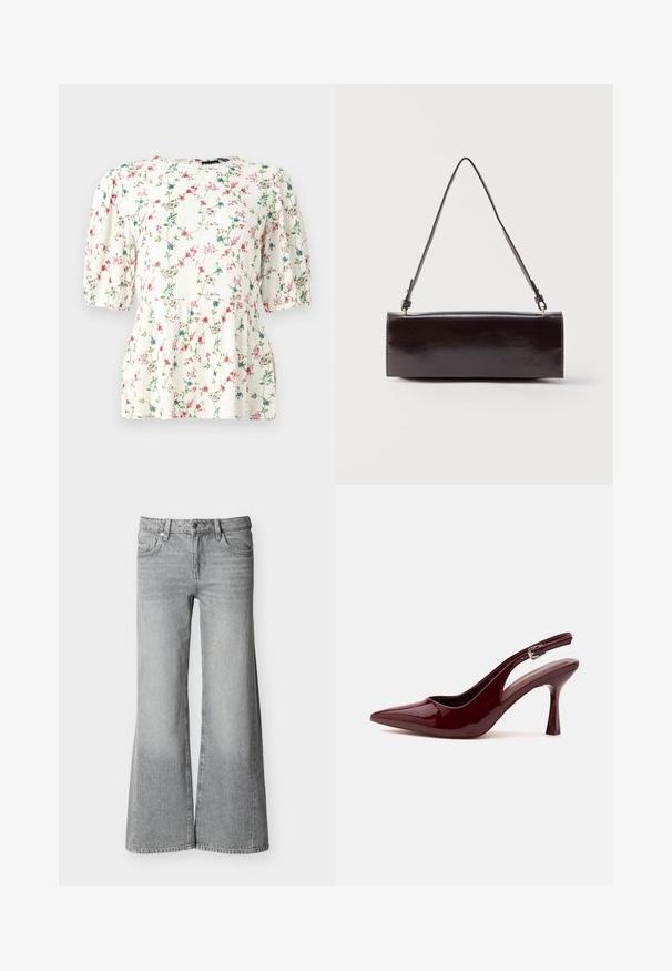 Blusa blanca con estampado floral colorido, con mangas cortas abullonadas y un corte holgado. Hecha de una tela ligera y texturizada.; Jeans grises de tiro alto y pierna ancha con botón frontal, cierre de cremallera y cinco bolsillos, exhibidos sobre un fondo blanco liso.; Zapato de tacón alto con puntera puntiaguda y tira trasera en color rojo oscuro brillante, con una delgada correa ajustable y tacón de aguja afilado sobre fondo blanco.; Bolso rectangular de cuero negro con una sola correa larga y acabado brillante, exhibido sobre un fondo blanco liso.