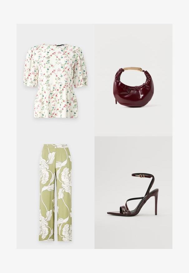 Blouse blanche avec un imprimé floral coloré, manches bouffantes courtes et coupe décontractée. Fabriquée en tissu léger et texturé.; Pantalons larges à motif floral en vert clair avec des imprimés botaniques blancs. Dotés d'une taille élastique et d'un tissu doux et texturé.; Sandale à talons hauts en cuir verni bourgogne avec une bride de cheville, bout pointu et trois bandes horizontales sur le pied. Détail de boucle dorée.; Sac à main en simili cuir bordeaux avec une forme arrondie, des détails froncés et une anse en métal doré. Texture lisse et finition brillante.