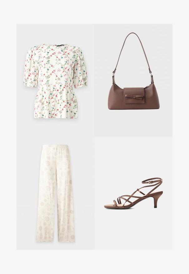 Blouse blanche avec un imprimé floral coloré, manches bouffantes courtes et coupe décontractée. Fabriquée en tissu léger et texturé.; Pantalon à jambes larges de couleur crème avec un imprimé discret sur le thème de la mer comportant des sirènes, des coquillages, des étoiles de mer et des visages de soleil.; Sandale marron à fines brides, boucle à la cheville et talon de hauteur moyenne, vue de côté sur fond blanc.; Sac à bandoulière en cuir marron avec une poche à rabat avant ornée d'un détail en forme de nœud cousu et une sangle réglable.