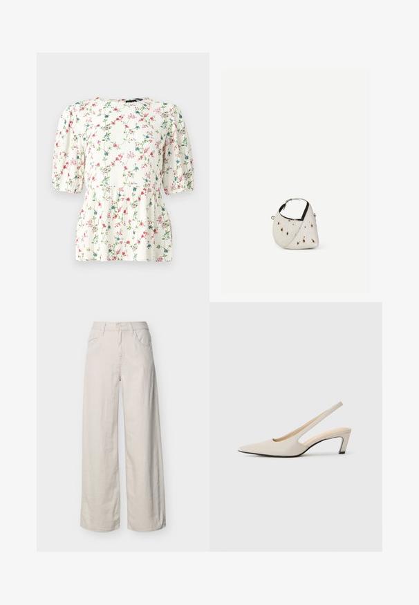 Blouse blanche avec un imprimé floral coloré, manches bouffantes courtes et coupe décontractée. Fabriquée en tissu léger et texturé.; Pantalon large taille haute couleur blanc cassé, avec poches avant, passants pour ceinture, fermeture par bouton et braguette zippée.; Escarpins beige à bride arrière avec un bout pointu, côtés ouverts et petit talon bloc. Texture en cuir lisse et design minimaliste.; Petit sac à main blanc avec des taches marron, forme triangulaire arrondie, doublure intérieure noire et bandoulière courte réglable avec boucle argentée.