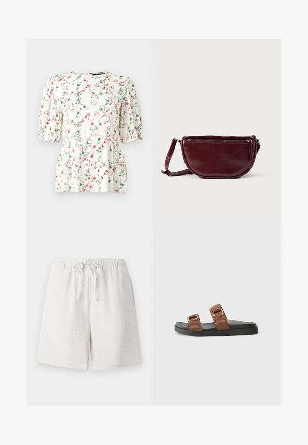 Blusa blanca con estampado floral colorido, con mangas cortas abullonadas y un corte holgado. Hecha de una tela ligera y texturizada.; Pantalones cortos de lino en un color blanco cremoso con cintura elástica y cordón. Presentan una superficie texturizada y un diseño holgado.; Las sandalias deslizables de cuero marrón presentan dos correas anchas con detalles en tono dorado, descansando sobre una suela de goma negra texturizada.; Bolso de mano de cuero granate con forma de media luna, cierre de cremallera y una correa desmontable. Textura suave con un brillo sutil.