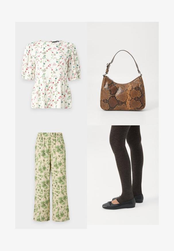 Blouse blanche avec un imprimé floral coloré, manches bouffantes courtes et coupe décontractée. Fabriquée en tissu léger et texturé.; Pantalons larges à imprimé floral avec une taille élastique ; présentent des feuilles vertes sur un fond beige et une finition en tissu texturé.; Jambes portant des leggings côtelés foncés associés à des ballerines noires avec de petits détails en nœud sur fond blanc.; Petit sac à main avec un motif en peau de serpent marron et noir, courroie courte et ajustable, et fermeture éclair.