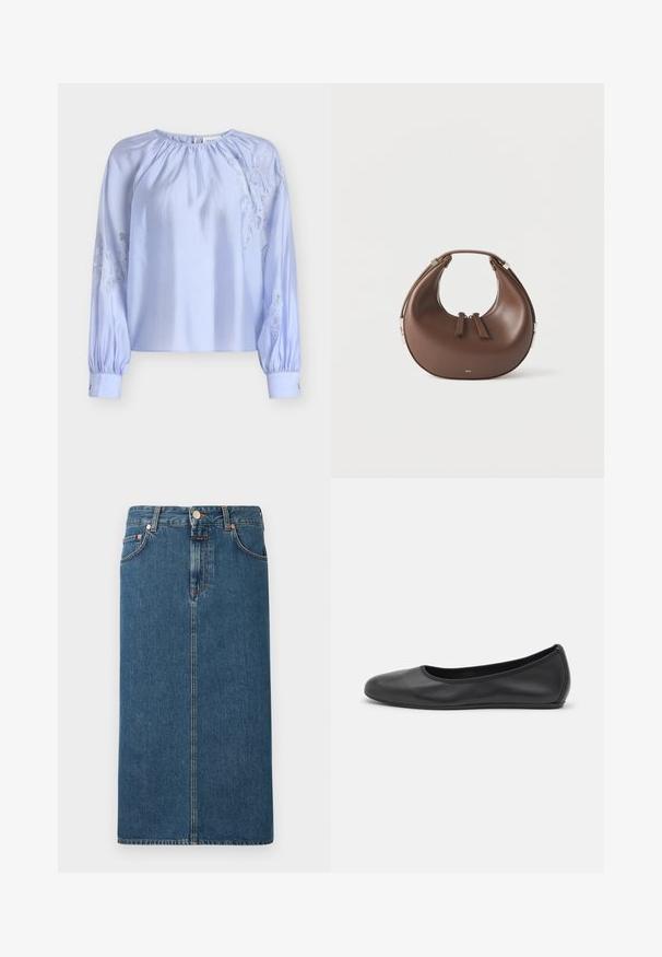 Blouse bleu clair en tissu satin, présentant un col froncé et des manches longues bouffantes avec des accents de broderie en dentelle de chaque côté.; Jupe midi en denim bleu foncé avec une coupe droite, poches avant et quincaillerie en ton cuivré. Présente des coutures le long des coutures et une fermeture par bouton.; Ballerines en cuir noir avec un bout rond, texture lisse, détails de couture minimalistes et design de semelle flexible.; Sac à main en cuir marron en forme de croissant avec une poignée supérieure et deux curseurs de fermeture éclair, sur fond blanc.