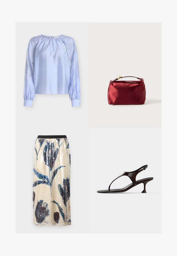 Blouse bleu clair en tissu satin, présentant un col froncé et des manches longues bouffantes avec des accents de broderie en dentelle de chaque côté.; Jupe midi beige avec taille élastique noire, grand motif floral bleu et sombre pailleté.; Sandale slingback en cuir verni marron foncé avec petit talon et bride entre les orteils sur fond blanc.; Trousse de maquillage en satin bourgogne de forme rectangulaire, avec fermeture éclair et une poignée courte. Présente un design minimaliste et une texture lisse.