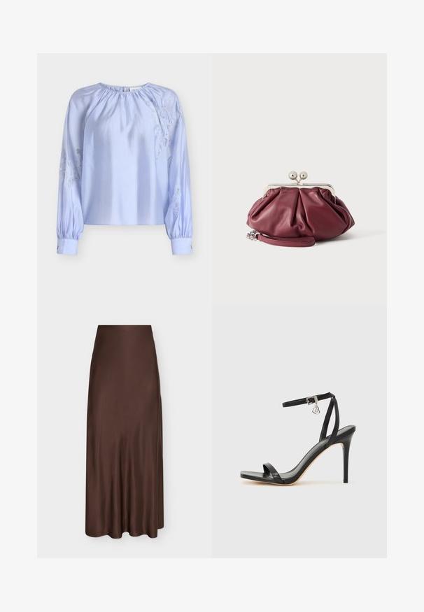 Blouse bleu clair en tissu satin, présentant un col froncé et des manches longues bouffantes avec des accents de broderie en dentelle de chaque côté.; Longue jupe en satin marron avec une finition lisse, taille haute et légère évasement à l’ourlet, présentée sur un fond clair uni.; Sandale à talon haut noire avec une bride étroite à la cheville, bout carré, cuir lisse et accent de boucle métallique.; Petite pochette en cuir bordeaux avec fermoir en métal argenté et bracelet pour poignet sur fond blanc.