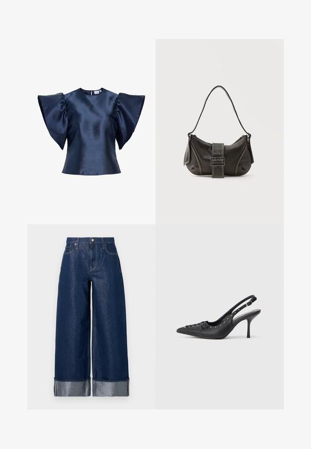 Blouse en satin bleu marine avec de larges manches papillon froncées et un col rond, avec une petite fermeture à bouton dans le dos.; Jean large en denim bleu foncé à taille haute, design à cinq poches, et revers pliés dévoilant le tissu intérieur plus clair.; Escarpin en cuir noir à talon aiguille avec un bout pointu, une bride latérale à boucle, des clous le long du bord et un laçage décoratif à l'avant.; Sac à épaule en cuir noir avec une sangle à boucle, des bords arrondis et des coutures blanches contrastées sur un fond uni.