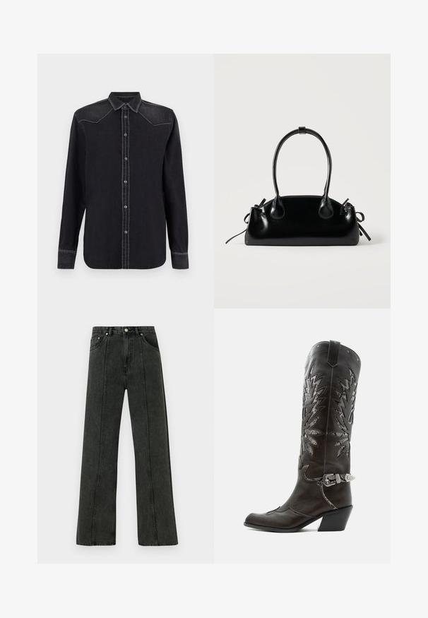 Replay SHIRT - Hemdbluse - black; Hochtaillierte Jeans mit weitem Bein aus dunkelgrauem Denim. Verfügt über ein klassisches Fünf-Taschen-Design und sichtbare Nähte entlang der vorderen Nähte.; Schwarzer Leder-Cowboystiefel mit dekorativen Ausschnitten, silberner Schnalle und schräger Ferse, auf weißem Hintergrund dargestellt.; Kleine schwarze glänzende Handtasche mit zwei langen Griffen und seitlichen Kordelzug-Details vor einfachem hellem Hintergrund.