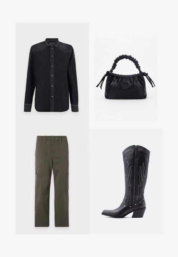 Replay SHIRT - Blusa - black; Good American CROPPED PANTS - Pantalones cargo - fatigue; Botas vaqueras de cuero negro con puntera puntiaguda, costuras visibles, detalles de tachuelas plateadas y cierre de cremallera en el lado interior.; Bolso negro con textura de cocodrilo, borde superior fruncido, asa recogida y cordones con borlas en cada lado sobre un fondo blanco.