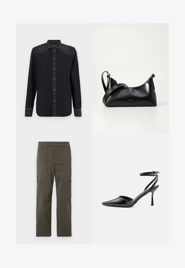 Replay SHIRT - Blusa - black; Good American CROPPED PANTS - Pantalones cargo - fatigue; Zapato de tacón alto negro de punta fina con delgadas correas en el tobillo y cierre de hebilla plateada sobre un fondo liso claro.; Bolso de mano de cuero negro con una textura suave. Cuenta con una correa ajustable y un diseño elegante y minimalista con cierre de cremallera.