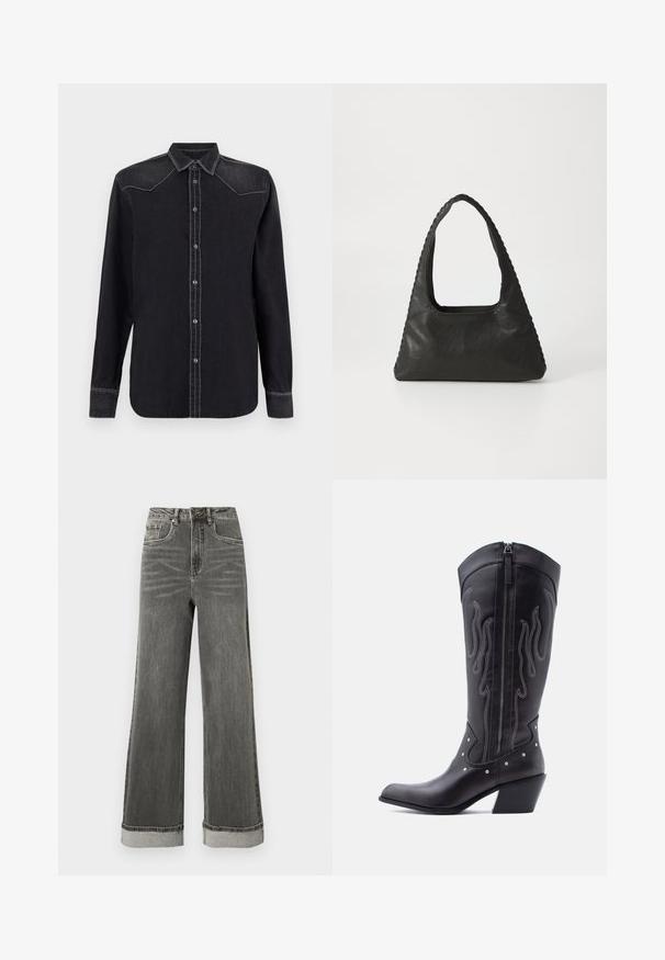 Replay SHIRT - Chemisier - black; Jean denim gris à jambes larges avec une taille haute, cinq poches et des ourlets retroussés. Le tissu présente une texture légèrement usée avec des coutures visibles.; Bottes de cow-boy en cuir noir avec bout pointu, coutures apparentes, ornements à clous argentés et fermeture éclair sur le côté intérieur.; Sac à main en cuir noir de forme triangulaire, avec une grande poignée découpée et des coutures détaillées le long des bords. Texture lisse.