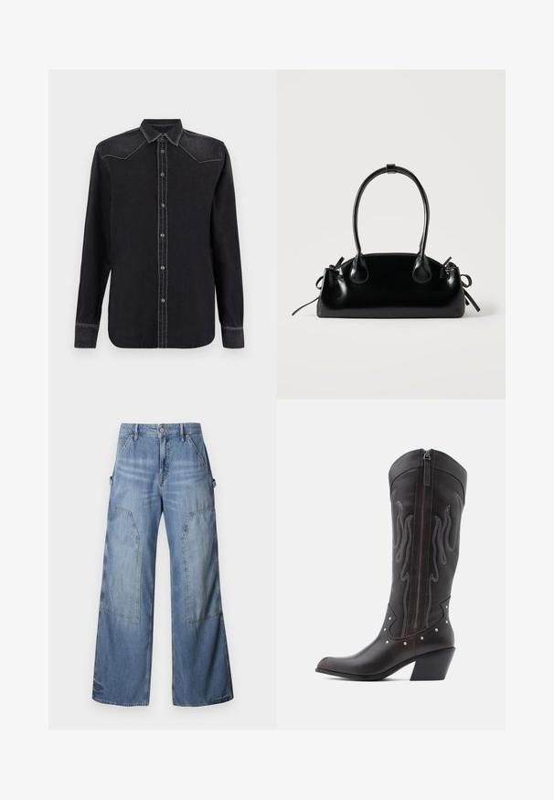 Replay SHIRT - Blusa - black; Good American GOOD EASE RELAXED - Vaqueros boyfriend - indigo; Botas de cowboy de cuero marrón con costuras en forma de llama, cremallera lateral, tachuelas plateadas, punta puntiaguda y tacón apilado.; Pequeño bolso negro brillante con dos asas largas y detalles de cordón lateral sobre un fondo claro liso.