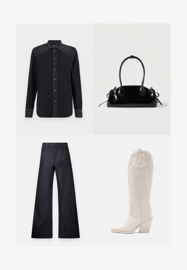 Replay SHIRT - Blusa - black; Pantalones vaqueros de pierna ancha en denim oscuro con una textura suave, diseño tradicional de cinco bolsillos y un sutil brillo, con un cierre de botón.; Bota vaquera de cuero blanco con punta afilada y tacón bloqueado. Presenta patrones de costura intrincados en el caña y una textura suave.; Pequeño bolso negro brillante con dos asas largas y detalles de cordón lateral sobre un fondo claro liso.