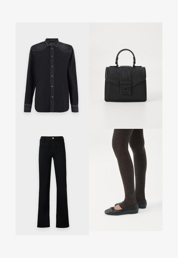 Replay SHIRT - Blusa - black; Jeans negros de cintura alta y pierna recta con bolsillos de parche delanteros y cierre de botón cobre sobre un fondo neutro.; Piernas con leggings oscuros acanalados combinados con bailarinas negras que presentan pequeños detalles de lazo sobre un fondo blanco.; Bolso de mano de piel negra con textura acolchada, forma rectangular, asa superior y un solapa frontal con un cierre en tono plateado.