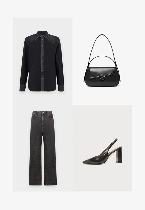 Replay SHIRT - Chemisier - black; Pantalons en denim noirs à jambe large avec une taille haute, dotés de poches avant, d'une fermeture boutonnée et d'une texture légèrement délavée.; Chaussure slingback en cuir noir à bout pointu avec un talon bloc haut et une doublure intérieure beige sur un fond clair uni.; Sac à bandoulière en cuir noir avec un rabat incurvé fermé par un fermoir métallique rond et une sangle fine et ajustable.