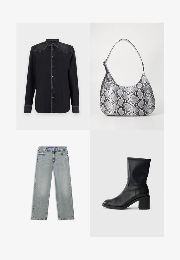 Replay SHIRT - Blusa - black; Vaqueros de pierna ancha de color azul claro hechos de denim, con zonas desgastadas, cinco bolsillos y una cinturilla azul con marca.; Botín negro de cuero hasta el tobillo con punta redonda, textura suave y tacón grueso, que presenta un eje ajustado y un sutil detalle de costura.; Bolso de hombro con estampado de serpiente en blanco y negro, de forma redondeada, textura suave y correa curvada. Presenta un acento de hardware plateado.