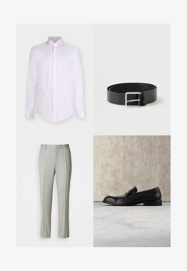 Chemise habillée pour homme à manches longues, rose clair, avec boutons sur le devant et col pointu sur fond blanc.; Pantalon tailleur gris clair en tissu lisse, présentant une coupe droite, des plis à l'avant, et une ceinture classique avec passants pour ceinture.; Mocassin en cuir noir avec un accent métallique, présenté en lévitation au-dessus d'un tapis beige, avec une table ronde de couleur ambre en arrière-plan.; Ceinture en cuir noir à finition lisse, avec une boucle rectangulaire en métal argenté et plusieurs trous de réglage.