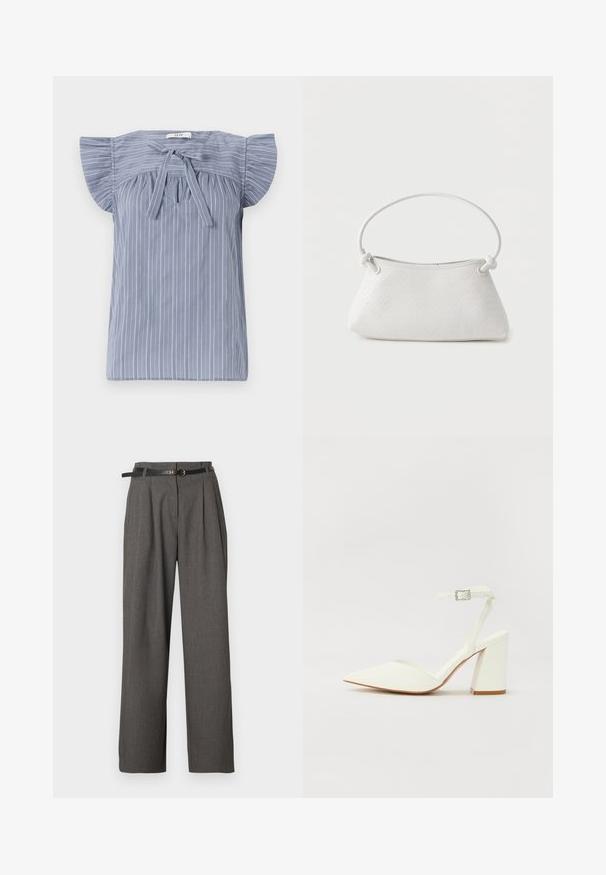 Blouse rayée bleu clair avec des manches courtes, dotée d'un nœud au niveau du col, présentant un tissu texturé et une coupe décontractée.; Pantalon gris taille haute avec plis et poches latérales, stylisé d'une fine ceinture noire avec une boucle ronde dorée.; Sandale blanche à talon avec un bout pointu, sangle de cheville réglable et un talon carré épais. Texture lisse avec des détails de couture minimaux.; Sac à main en cuir tressé blanc avec poignée arrondie et extrémités de lanière nouées, présenté sur un fond uni.