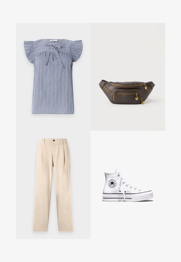 Lichtblauw gestreepte blouse met kapmouwen, voorzien van een strik bij de halslijn, gemaakt van een textuurstof en met een relaxte pasvorm.; Beige corduroy rechte pijpen broek met riemlussen, voorplooien, zakken en een zwarte knoopsluiting in de taille.; Witte Converse Chuck Taylor All Star sneaker met hoge schacht, zwarte strepen en logo-patch aan de zijkant, weergegeven tegen een effen witte achtergrond.; Donkerbruine leren heuptas met meerdere gouden ritsen, elk voorzien van een klein hartvormig bedelhangertje.