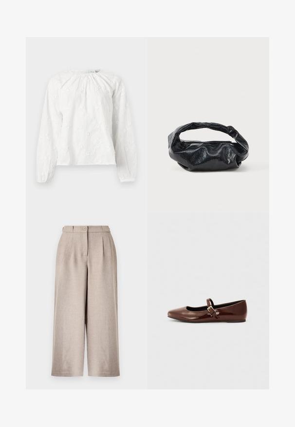 Blouse blanche à manches longues avec broderie florale subtile, encolure froncée et poignets élastiques sur les manches.; Pantalon beige taille haute à jambes larges avec plis sur le devant, fermeture par bouton et passants pour ceinture sur fond blanc.; Ballerine en cuir verni marron avec un bout carré et une lanière ornée d'une petite boucle dorée. Texture lisse, talon bas et design minimaliste.; Sac noir en matériau texturé et brillant avec une poignée circulaire torsadée et une fermeture éclair. Présente un design doux et froissé.