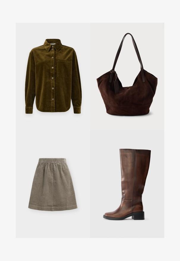 Chemise en velours côtelé vert olive foncé, avec un col, des boutons sur le devant et une poche sur la poitrine gauche. Texturée avec des rayures verticales.; Jupe en velours côtelé taupe, longueur genou, avec une taille élastique et une subtile texture à côtes verticales, présentée à plat sur un fond uni clair.; RAID FERNE - Bottes - brown; Handbag en cuir suédé marron avec une forme douce et souple. Doté de poignées en cuir et d'une étiquette décorative. Texture plain avec des coutures courbes.