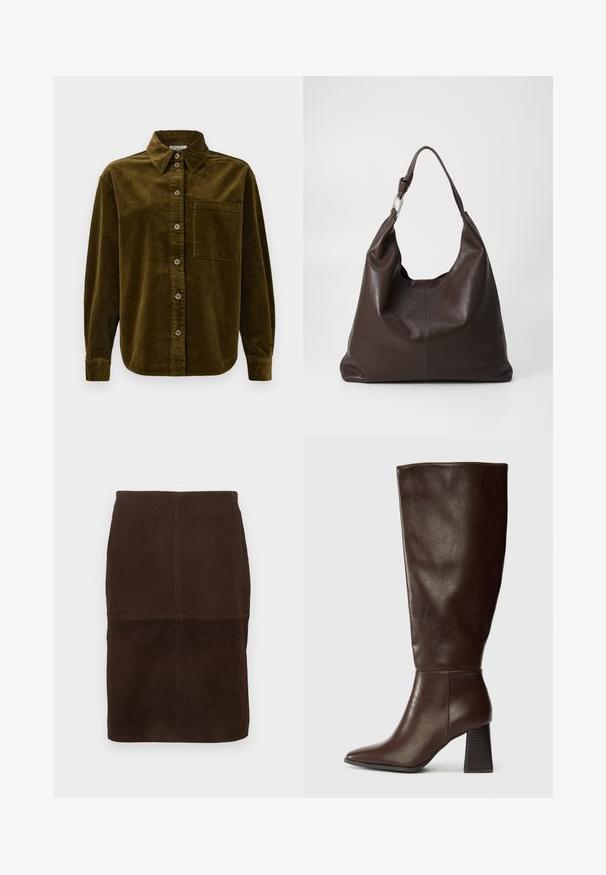 Chemise en velours côtelé vert olive foncé, avec un col, des boutons sur le devant et une poche sur la poitrine gauche. Texturée avec des rayures verticales.; Jupe crayon en daim marron foncé avec des détails de coutures visibles, longueur genoux, présentée sur un fond clair.; Botte en cuir marron hauteur genou avec un bout pointu et un talon texturé épais. Fini lisse avec des détails de couture minimaux.; Zign by Zalando LEATHER - Cabas - chocolate brown