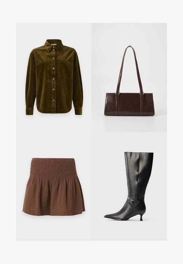 Chemise en velours côtelé vert olive foncé, avec un col, des boutons sur le devant et une poche sur la poitrine gauche. Texturée avec des rayures verticales.; Mini-jupe marron avec ceinture élastique smockée et tissu froncé en dessous, fabriquée en matériau léger texturé.; Botte en cuir noire montant jusqu'au genou, avec un bout pointu et un petit talon bas, présentée sur un fond clair uni.; Sac à main en cuir verni marron de forme rectangulaire, avec deux longues poignées et des accents courbés subtils à l'avant.