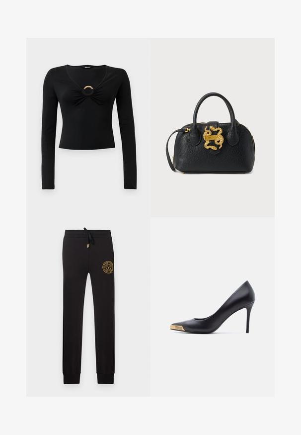 Sort langærmet bluse med V-hals, der har samlet stof ved brystet og en rund metallisk detalje i midten. Blødt, strækbart materiale.; Sorte slim-fit joggers med snøre i taljen og gyldent Versace Jeans Couture logo-patch på øverste venstre lår.; Sort læder højhælet pumpe med spids snude, guldmetalspids indgraveret med "Versace Jeans Couture," vist fra siden på hvid baggrund.; Sort læderhåndtaske med tekstur, to håndtag, gyldent lynlås og gyldent slangeformet lukke på forsiden.