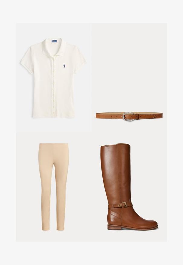 Polo shirt i off-white bomuld med korte ærmer, krave og en knaplukning. Har en lille marineblå logo på brystet.; Beige slim-fit ankellange bukser med en glat finish og uden synlige lommer eller pynt på en ensfarvet baggrund.; Brun læder knæhøj støvle med en lille guldbøjle og "RL" logo på remmen nær anklen, flad hæl og glat finish.; Brunt læderbælte med sølv oval spænde og hvide sting, lagt fladt på en lysegrå baggrund.