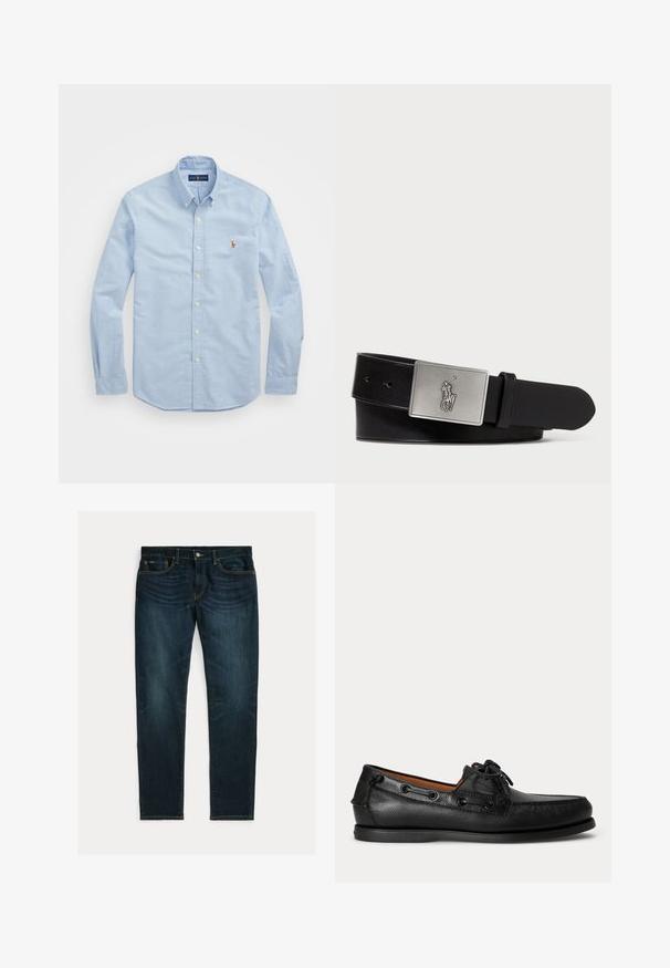 Lichtblauwe overhemd met lange mouwen, gemaakt van katoen, met een klassieke kraag en een klein rood geborduurd logo op de borst.; Donkerblauwe slim-fit jeans met lichte vervaging en vijfzakkenontwerp, plat gelegd op een witte achtergrond.; Zwarte leren mocassin met veterdetail en lage rubberen zool, zijaanzicht op een eenvoudige lichte achtergrond.; Zwarte leren riem met een rechthoekige zilverkleurige metalen gesp met een reliëf van een ruiterlogo, een gladde textuur en vijf riemgaten.