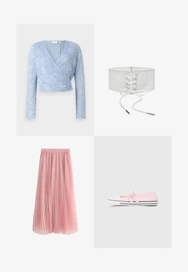 Svetlo modrý čipkovaný cropped top s výstrihom do V, dlhými rukávmi a prekladaným dizajnom. Obsahuje zložité kvetinové vzory a hladkú podšívku.; Ružová plisovaná midi sukňa s čipkovanou podšívkou a nariaseným pásom, zobrazená na bielom pozadí.; Ružová plátenná obuv s bielym gumovým špičkou, čiernymi prúžkami pozdĺž podrážky a dvoma nastaviteľnými prackami cez priehlavok.; Široký biely korzetový opasok s predným šnurovaním, kovovými očkami a zapínaním na zips, zobrazený na jednoduchom bielom pozadí.