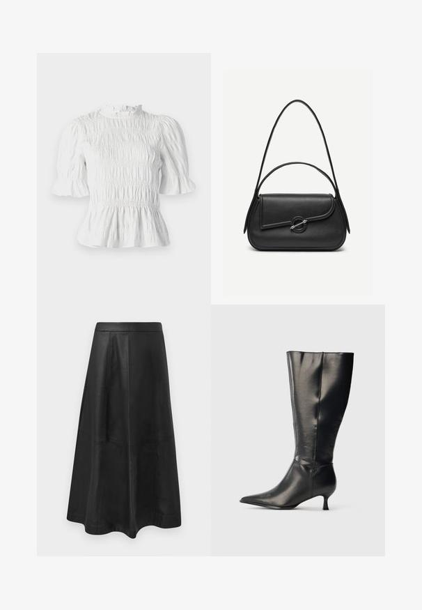 Witte blouse met korte mouwen, voorzien van geplooide textuur, gerimpelde halslijn en uitlopende mouwen. Heeft een peplumzoom en een elastische taille.; Zwarte leren midi-rok met een uitlopende silhoutte, afgewerkt met stiksel details en een gladde textuur. Geen zichtbare hardware of accenten.; Zwarte leren kniehoge laars met puntige neus en lage kittenhak, weergegeven op een effen lichte achtergrond.; Zwarte leren handtas met afgeronde hoeken, asymmetrische klep, metalen ronde sluiting en zowel korte als lange schouderriemen.