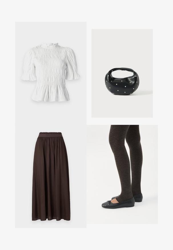 Witte blouse met korte mouwen, voorzien van geplooide textuur, gerimpelde halslijn en uitlopende mouwen. Heeft een peplumzoom en een elastische taille.; Bruine, enkellange rok van gladde stof. Elastische tailleband met geplooide textuur, voor een ontspannen pasvorm. Eenvoudig ontwerp, zonder patronen.; Benen met donkere geribbelde leggings gecombineerd met zwarte ballerina's met kleine strikdetails op een witte achtergrond.; Zwarte leren handtas met een afgeronde vorm, versierd met zilveren studs, en een korte handgreep. Gladde textuur en ritsluiting.