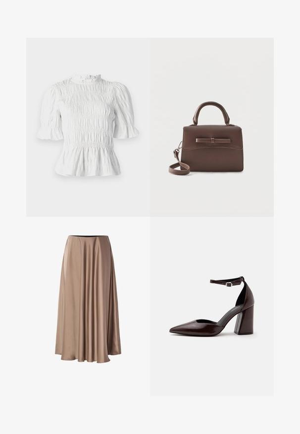Hvid kortærmet bluse med samlet tekstur, flæsekrave og udvidede ærmer. Har en peplum-søm og elastisk talje.; Lang A-linjeet nederdel lavet af glat, blankt stof i en lys beige farve. Har en elastisk talje og en flydende draperet design.; Mørkebrunt læder pumps med spids tå, høj hæl, ankelrem og sølvspænde på hvid baggrund.; Lille brun læderhåndtaske med top-håndtag, aftagelig skulderrem og frontklap med en horisontal læderstroppedetalje.