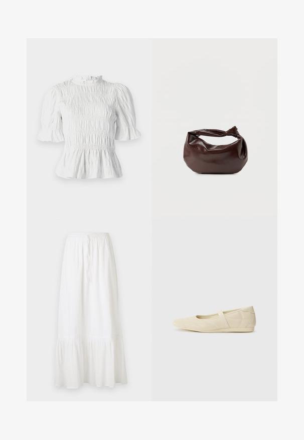 Hvid kortærmet bluse med samlet tekstur, flæsekrave og udvidede ærmer. Har en peplum-søm og elastisk talje.; Hvid, knælængde nederdel lavet af let stof med elastisk talje og snor. Har en voluminøs kant og subtil tekstur.; Lysebrune ballet flats med en glat læderoverflade, mandelformet tå og elastisk rem over vristen, med diskrete syninger.; Mørkebrun læder skuldertaske med en blød, afslappet form og et snoet knudehåndtag på en ensartet hvid baggrund.