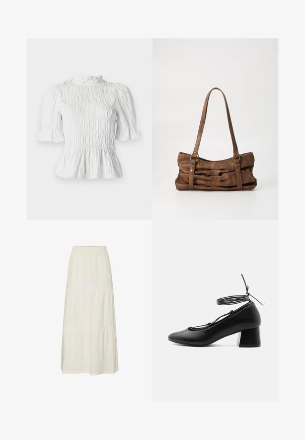 Blusa blanca de manga corta con textura fruncida, escote volante y mangas acampanadas. Cuenta con un dobladillo peplum y cintura elástica.; Falda maxi blanca, en capas, hecha de una tela ligera y texturizada con una cinturilla elástica. Presenta tres secciones de tela distintas.; Zapato negro de piel con tacón medio, punta afilada, tiras cruzadas y atadura alrededor del tobillo sobre fondo blanco.; Even&Odd Bolso de mano - brown