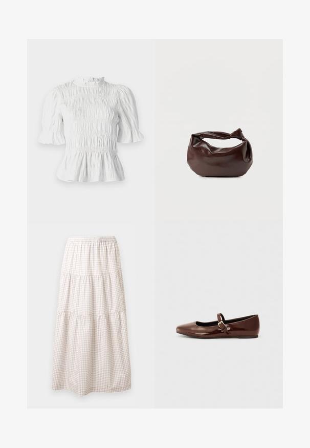 Witte blouse met korte mouwen, voorzien van geplooide textuur, gerimpelde halslijn en uitlopende mouwen. Heeft een peplumzoom en een elastische taille.; Lichtbeige en witte geruite midi-rok met elastische tailleband en geplooide naden voor extra volume.; Bruine gepatineerde leren balletschoen met een vierkante neus en een bandje met een kleine gouden gesp. Gladde textuur, lage hak en minimalistisch ontwerp.; Donkerbruine leren schoudertas met een zachte, slungelige vorm en een gedraaide knoopvormige handgreep op een effen witte achtergrond.