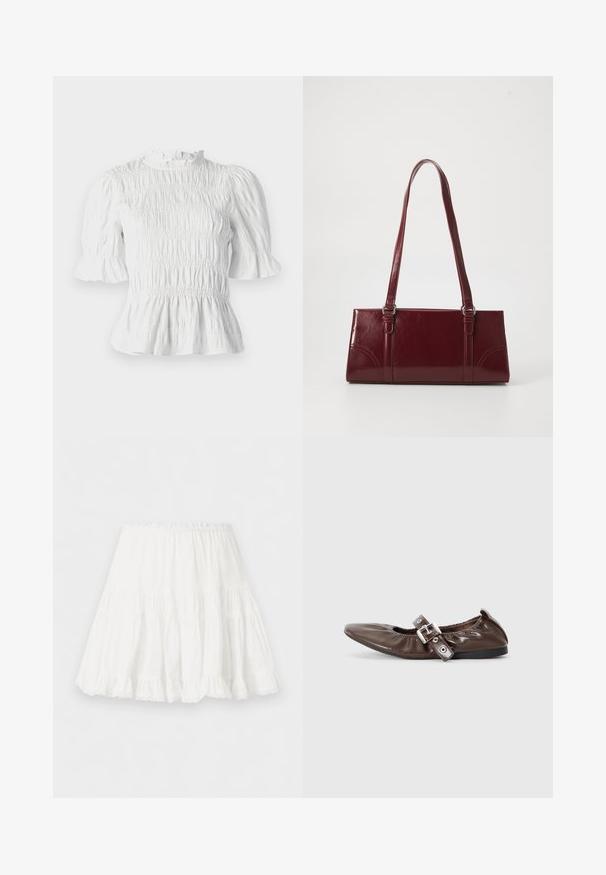 Blusa blanca de manga corta con textura fruncida, escote volante y mangas acampanadas. Cuenta con un dobladillo peplum y cintura elástica.; Falda blanca de capas con cinturilla elástica y borde con volantes, confeccionada en tela ligera.; Zapato plano de charol marrón con puntera puntiaguda, detalle de lazo elástico y un acento de hebilla plateada en el costado. Suela de goma negra.; Bolso burdeos hecho de material brillante, de forma rectangular, con dos asas para el hombro y sutiles acentos curvados en la parte frontal.