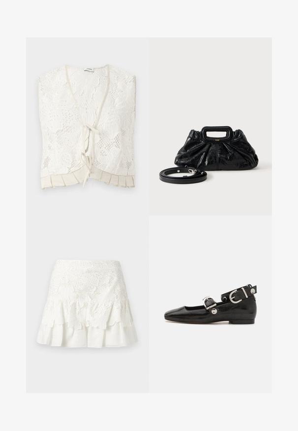 Top sans manches en dentelle blanche avec motifs floraux, col en V, fermeture à nouer devant et détail plissé à l'ourlet.; Mini-jupe en dentelle blanche avec broderie florale et ourlet à volants, superposée sur un fond en tissu blanc uni.; Ballerine en cuir verni noir avec un bout carré, sangle de cheville avec des détails en métal argenté et semelle plate. Texture lisse avec un design minimaliste.; Petit sac à main en cuir noir avec texture froncée, poignée rectangulaire et fine bandoulière amovible placée à côté.