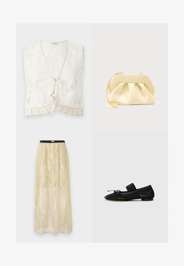 Top sans manches en dentelle blanche avec motifs floraux, col en V, fermeture à nouer devant et détail plissé à l'ourlet.; Jupe longue beige transparente avec motif floral métallique et taille élastique noire portant l'étiquette « MUNTHE ».; Chaussure plate noire avec un bout pointu, fabriquée en tissu texturé, avec un accent à nœud et un petit talon rond. Sangle élastique au niveau de la cheville.; Pochette en cuir couleur crème avec un cadre supérieur structuré et une lanière pour poignet, présentée sur un fond clair uni.