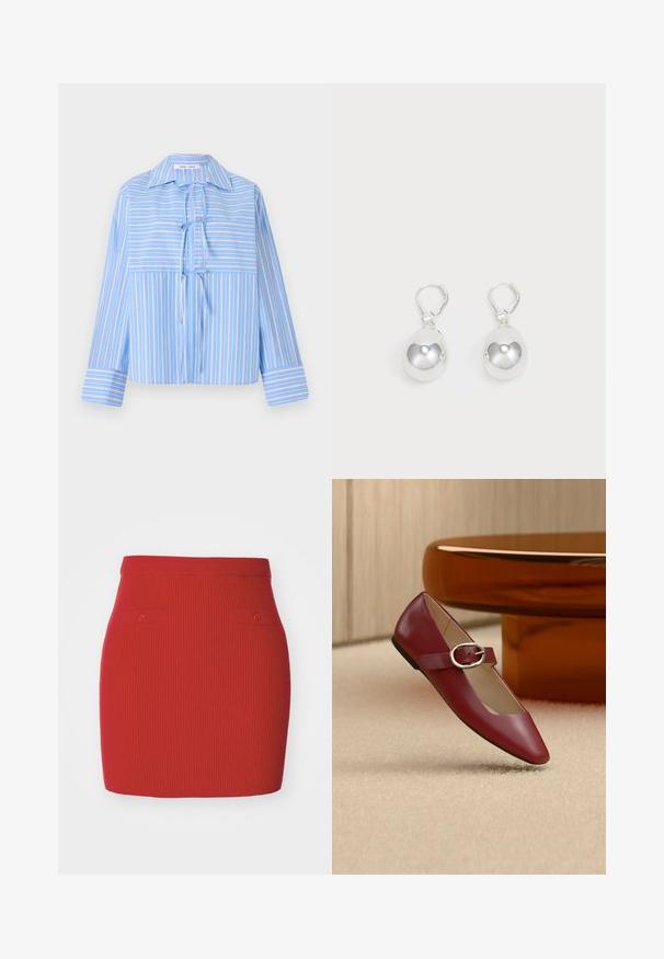 Blouse à rayures bleu avec un col, détail de nœud à l'avant et manches longues. Présente des rayures alternées claires et foncées dans un tissu lisse.; Jupe en tricot côtelé rouge au design ajusté, dotée de deux petites poches boutonnées à l'avant et d'une taille lisse.; Chaussure plate Mary Jane en cuir rouge avec une bride à boucle argentée, posée sur un tapis beige près d'une table ronde marron.; Boucles d'oreilles en argent en forme de goutte avec des surfaces lisses, rondes et réfléchissantes, suspendues à des fermoirs à ressort. L'arrière-plan est blanc uni.