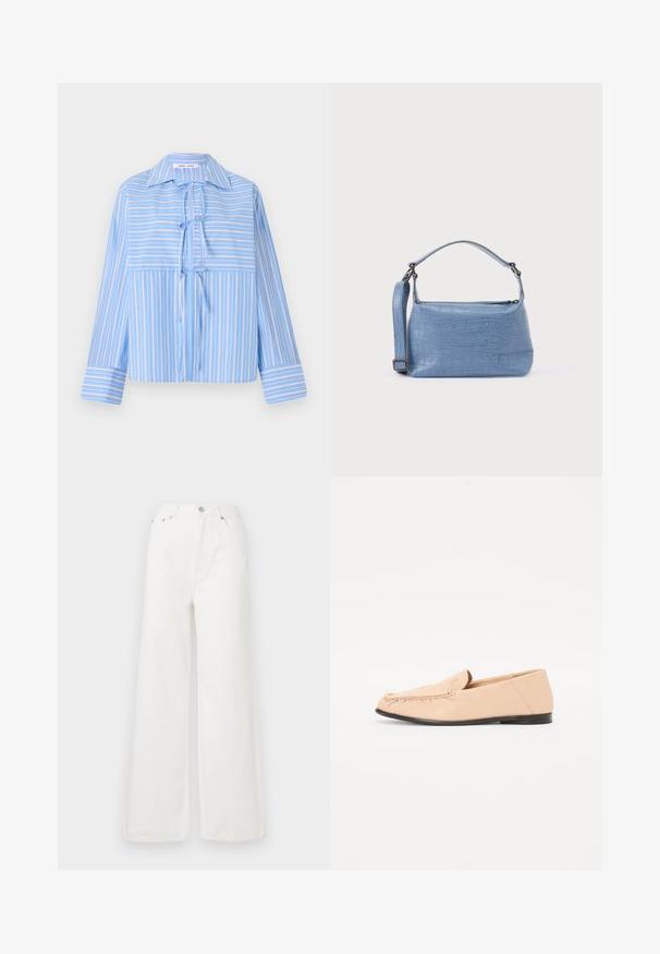 Blouse à rayures bleu avec un col, détail de nœud à l'avant et manches longues. Présente des rayures alternées claires et foncées dans un tissu lisse.; Jeans large à taille haute blancs en denim. Comprend des poches avant, une fermeture à bouton et des détails d'ourlet effiloché.; Mocassins en cuir beige avec des détails brodés, une semelle noire plate et un bout arrondi. Design minimaliste sans quincaillerie ou accents visibles.; Sac à main bleu clair embossé façon crocodile avec une poignée courte et une bandoulière amovible. Texture lisse avec une fermeture éclair.