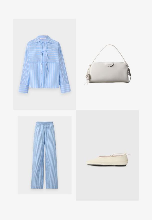 Blouse à rayures bleu avec un col, détail de nœud à l'avant et manches longues. Présente des rayures alternées claires et foncées dans un tissu lisse.; Pantalon bleu clair à jambes larges avec fines rayures verticales bleu foncé et une taille élastique.; Des chaussures plates de couleur crème avec un bout arrondi, une sangle à la cheville et une semelle en caoutchouc noir contrastante. Matériau lisse avec un detailing minimal.; Sac à main rectangulaire blanc Calvin Klein avec une seule poignée, design minimaliste et pampilles décoratives avec un charm métallique géométrique sur le côté.