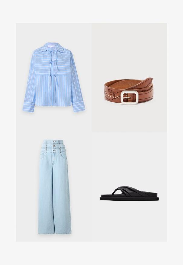 Blouse à rayures bleu avec un col, détail de nœud à l'avant et manches longues. Présente des rayures alternées claires et foncées dans un tissu lisse.; Jean bleu clair taille haute à jambes larges avec trois boutons visibles et poches avant sur un fond uni.; Sandale plate noire avec bride croisée rembourrée et entre-doigt, design minimaliste sur fond gris clair uni.; Ceinture en cuir marron avec boucle rectangulaire argentée, motifs noirs décoratifs en spirale et petits clous argentés, enroulée sur un fond blanc.