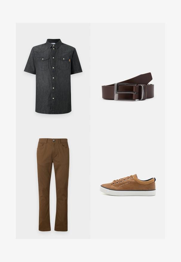 Chemise noire en denim à manches courtes avec deux poches avant à rabat et des boutons-pression blancs au centre.; Pantalons droits marron avec fermeture à bouton et zip sur le devant, poches avant et arrière, et passants de ceinture.; Baskets en cuir marron avec un embout rond, semelle blanche et accents marine. Présente des œillets en métal et un col texturé.; Ceinture en cuir marron avec une boucle en métal argenté, présentant une texture lisse et un design rectangulaire épuré. Simple et fonctionnelle.