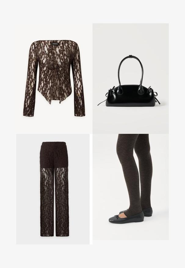 Brun blond blonden bluse med blomsterprint, knude foran og bølget kant fra mærket Even&Odd.; Brune blondebukser med ugennemsigtig øvre lårsektion og gennemsigtige blondeben, lige snit og elastisk linning.; Ben iført mørke ribbede leggings kombineret med sorte balletsko med små sløjfedetaljer på hvid baggrund.; Lille sort blank håndtaske med to lange håndtag og snøre-detaljer i siden på en ensfarvet lys baggrund.