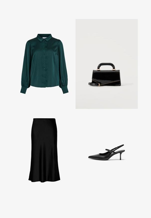 Blusa de satén verde oscuro con cuello tipo americana, botones en el frente y mangas largas abullonadas. Presenta una textura suave y una silueta entallada.; Falda midi de satén negro con una textura suave, dobladillo acampanado y una cinturilla ajustada, que presenta un diseño simple y clásico.; Zapatos de tacón slingback de cuero negro con punta afilada, correa ajustable delgada y un tacón de aguja de aproximadamente 5 cm, textura suave.; Bolso rectangular negro brillante con asa superior, herrajes dorados y correa desmontable, colocado sobre un fondo claro y sencillo.