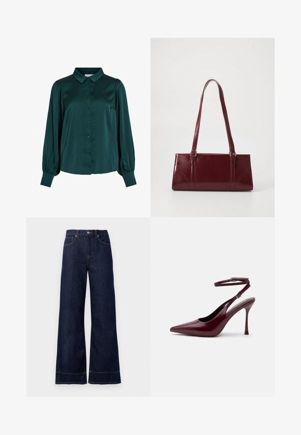 Blusa de satén verde oscuro con cuello tipo americana, botones en el frente y mangas largas abullonadas. Presenta una textura suave y una silueta entallada.; Jeans rectos de mezclilla color azul oscuro. Presentan un cierre de botón, detalles de costura y bolsillos laterales. Dobladillo acampanado.; Zapato de tacón alto en burdeos brillante con punta puntiaguda, correa en el tobillo con hebilla, tacón de aguja delgado, vista lateral sobre fondo liso.; Bolso burdeos hecho de material brillante, de forma rectangular, con dos asas para el hombro y sutiles acentos curvados en la parte frontal.